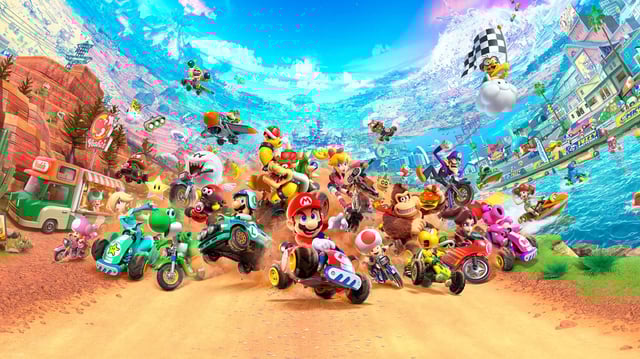 Key art for Mario Kart World showing Mario and friends racing in their karts on a dirt road.