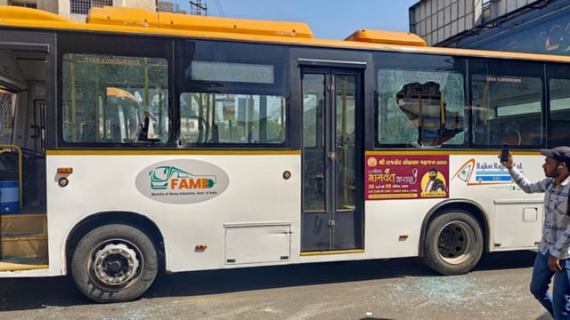 The city bus vandalised after it hit several vehicles, killing at least three and injuring many others, in Rajkot, Wednesday, April 16, 2025.