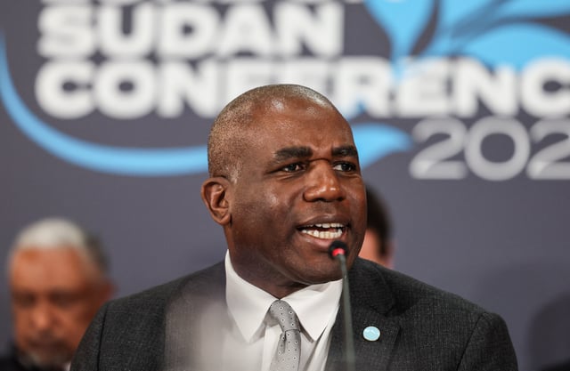 Britain's Foreign Secretary David Lammy delivers opening remarks during the London Sudan conference, marking the two-year anniversary of the Sudan conflict, at Lancaster House, in London, Britain April 15, 2025. REUTERS/Isabel Infantes/Pool/File Photo