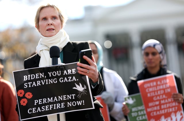 Actress Cynthia Nixon speaks as she announces a hunger strike calling for a ceasefire in Gaza outside the White House on November 27, 2023 in Washington, DC.