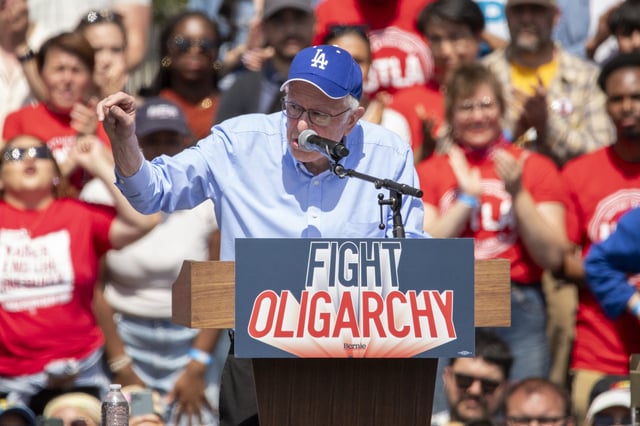 Senator Bernie Sanders speaks at the Fighting Oligarchy rally in Los Angeles on April 12, 2025.SAM GHAZI/Middle East Images/AFP via Getty Images