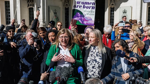 Susan Smith (L) and Marion Calder, directors of 'For Women Scotland' speak to the media outside the Supreme Court