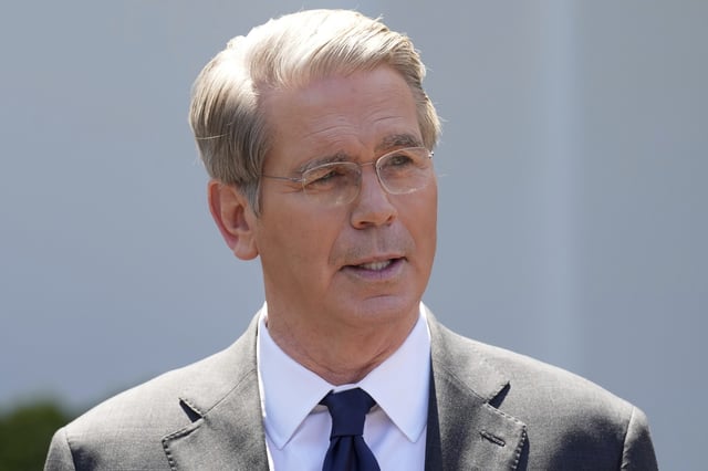 Treasury Secretary Scott Bessent speaks to reporters outside the West Wing of the White House, Wednesday, April 9, 2025, in Washington. (AP Photo/Jacquelyn Martin)