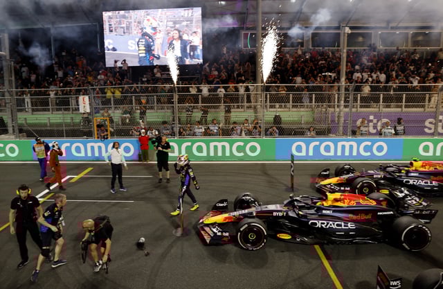 Formula One F1 - Saudi Arabian Grand Prix - Jeddah Corniche Circuit, Jeddah, Saudi Arabia - March 9, 2024 Red Bull's Max Verstappen celebrates after winning the Saudi Arabian Grand Prix REUTERS/Hamad I Mohammed/File Photo