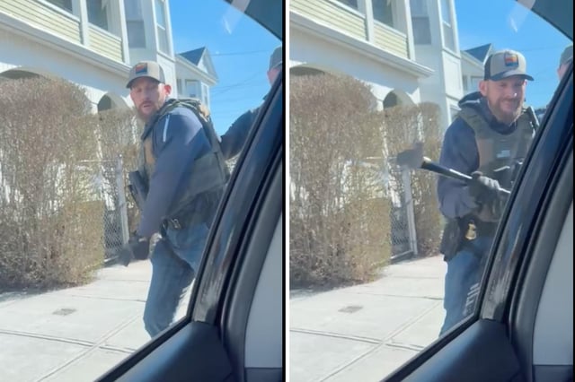 Screenshots of one of the agents smashing in their window with a sledgehammer.
