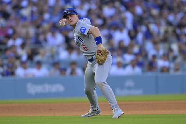 LOS ANGELES, CALIFORNIA - APRIL 13: Matt Shaw #6 of the Chicago Cubs makes a play against the Los Angeles Dodgers at Dodger Stadium on April 13, 2025 in Los Angeles, California.