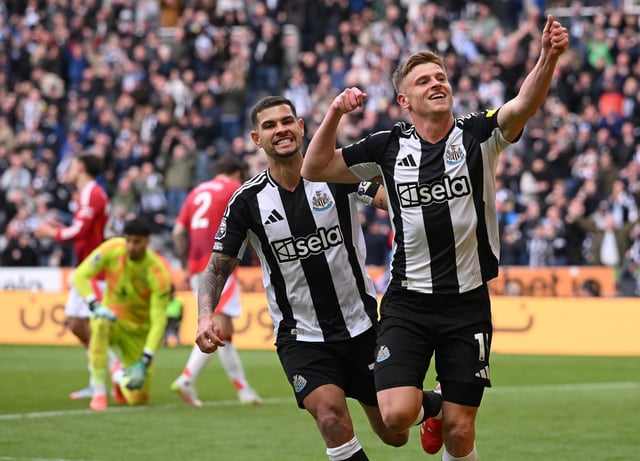 Harvey Barnes of Newcastle United celebrates after scoring the second goal with Bruno Guimaraes during the Premier League match between Newcastle United FC and Manchester United FC at St James&#39; Park on April 13, 2025 in Newcastle upon Tyne, England.