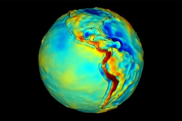 A map of Earth's gravity (red=more gravitational pull). Image: NASA