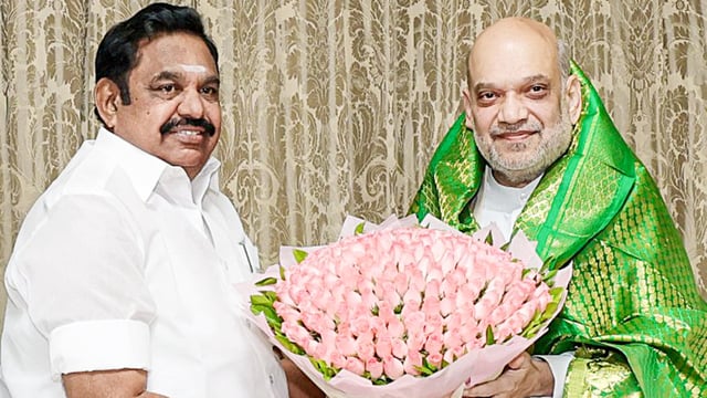 Union home minister Amit Shah being felicitated by All India Anna Dravida Munnetra Kazhagam (AIADMK) General Secretary Edappadi K. Palaniswami, in Chennai on Friday.
