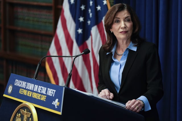FILE - New York Gov. Kathy Hochul speaks at a news conference in the Queens borough of New York, Nov. 26, 2024. (AP Photo/Julia Demaree Nikhinson, File)