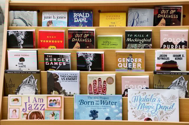 A shelf of frequently banned books on display at Sandmeyer’s Bookstore in Chicago on July 13, 2023. The titles, which include works exploring race, gender, and identity, have been at the center of recent book ban efforts across the country.