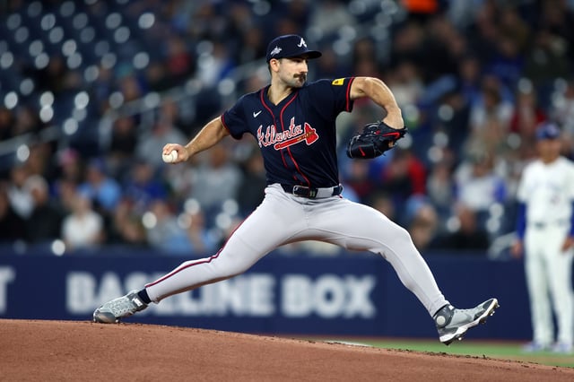 TORONTO, CANADA - APRIL 16: Spencer Strider #99 of the Atlanta Braves pitches in the first inning of their MLB game against the Toronto Blue Jays at Rogers Centre on April 16, 2025 in Toronto, Ontario, Canada.