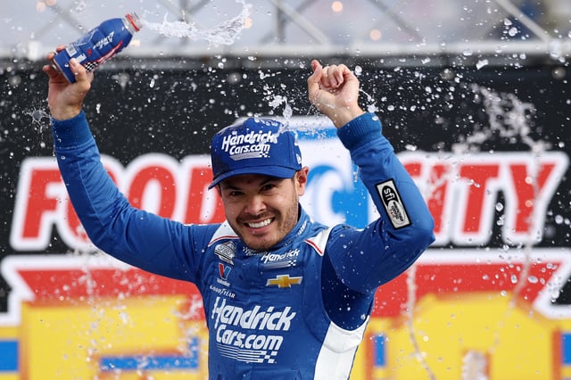 Kyle Larson, driver of the #5 HendrickCars.com Chevrolet, celebrates in victory lane after winning the NASCAR Cup Series Food City 500 at Bristol Motor Speedway on April 13, 2025 in Bristol, Tennessee.