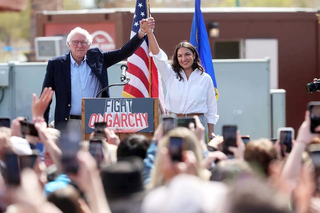 Sen. Bernie Sanders, I-Vt., and Rep. Alexandria Ocasio-Cortez, D-N.Y., during a rally at Craig Ranch Regional Park in Las Vegas on March 20, 2025.