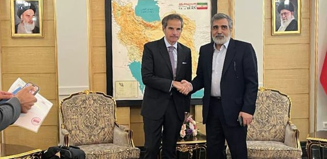 Une photo fournie par le bureau de l'Organisation iranienne de l'énergie atomique (OIEA) montre le directeur général de l'AIEA, Rafael Grossi (G), reçu par le porte-parole de l'OIEA, Behrouz Kamalvandi, à son arrivée à Téhéran, le 16 avril 2025