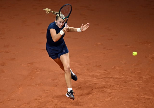 Tennis - WTA 500 - Stuttgart Tennis Grand Prix - Porsche Arena, Stuttgart, Germany - April 16, 2025 Russia's Mirra Andreeva in action during her round of 32 match against Russia's Erika Andreeva REUTERS/Angelika Warmuth