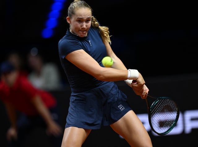 Tennis - WTA 500 - Stuttgart Tennis Grand Prix - Porsche Arena, Stuttgart, Germany - April 16, 2025 Russia's Mirra Andreeva in action during her round of 32 match against Russia's Erika Andreeva REUTERS/Angelika Warmuth
