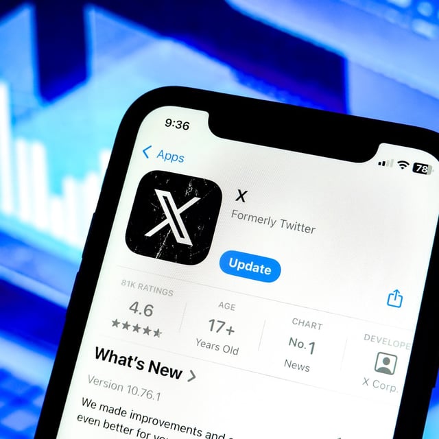 photo illustration of an X (Twitter) app logo displayed in the Apple Store on iphone