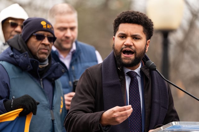 Feb 11, 2025; Washington, D.C., USA; Rep. Maxwell Frost (D-Fla.) speaks as protesters gather at Upper Senate Park on the U.S. Capitol grounds for a lunch break rally with the American Federation of Government Employees on Tuesday, Feb. 11, 2025. Mandatory Credit: Josh Morgan-USA TODAY