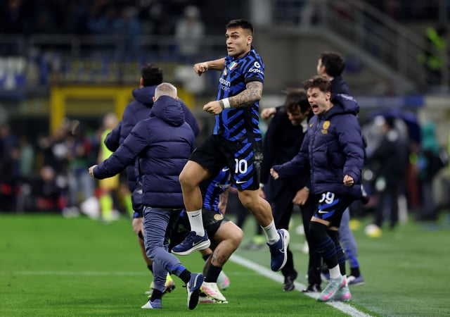 Soccer Football - Champions League - Quarter Final - Second Leg - Inter Milan v Bayern Munich - San Siro, Milan, Italy - April 16, 2025 Inter Milan's Lautaro Martinez celebrates after the match REUTERS/Claudia Greco