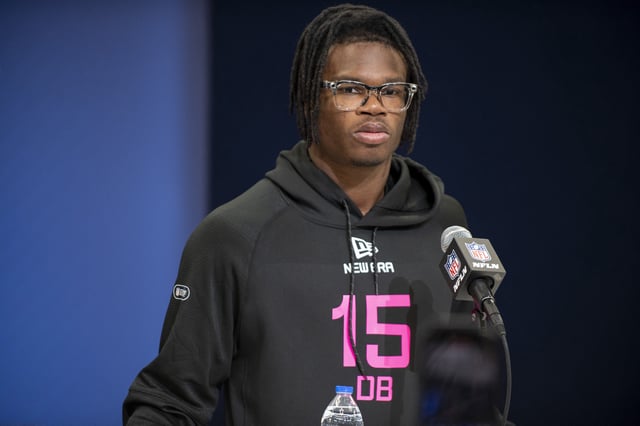 Feb 27, 2025; Indianapolis, IN, USA; Colorado defensive back Travis Hunter (DB15) during the 2025 NFL Combine at Lucas Oil Stadium. Mandatory Credit: Tanner Pearson-Imagn Images/File photo
