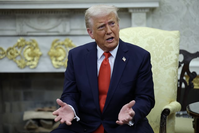 President Donald Trump speaks during a meeting in the Oval Office of the White House on April 14, 2025