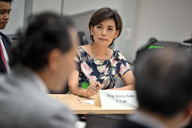 Rep. Young Kim, R-Anaheim Hills, is one of a dozen House Republicans who are publicly telling GOP leadership that they won’t back a budget reconciliation plan if there are cuts to Medicaid. She’s pictured here chairing a roundtable on U.S.-Taiwan relations at Santiago Canyon College in Orange on Sept. 6, 2024. (Jeff Gritchen/Orange County Register)