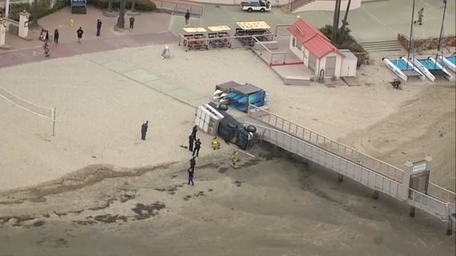 An overturned truck is shown on the bay-side of the San Diego Mission Bay Resort, April 16, 2025.