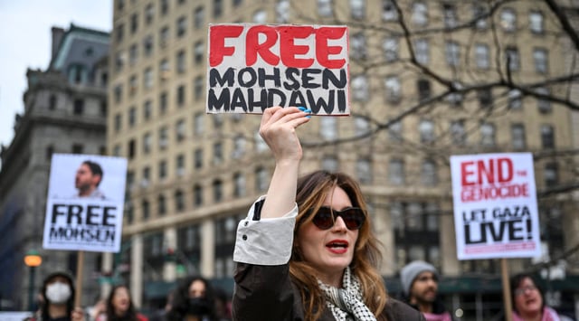 People protest the arrest of Mohsen Mahdawi, a Columbia University student who participated in pro-Palestinian campus protests, during a rally in New York City, April 15, 2025. (Angela Weiss/AFP via Getty Images)