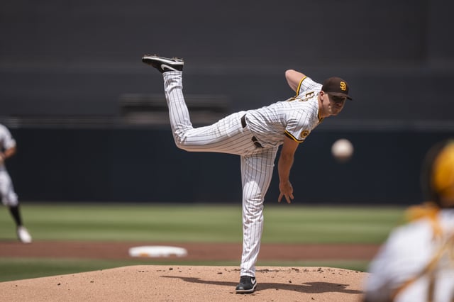 SAN DIEGO, CALIFORNIA – APRIL 16: Nick Pivetta #27 of the San Diego Padres pitches in the first inning during the game against the Chicago Cubs at Petco Park on April 16, 2025 in San Diego, California. (Photo by Matt Thomas/San Diego Padres/Getty Images)
