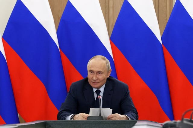 Russian President Vladimir Putin chairs a meeting on development strategy for cosmonautics at the Bauman Moscow State Technical University in Moscow, Russia April 16, 2025. Sputnik/Sergei Karpukhin/Pool via REUTERS