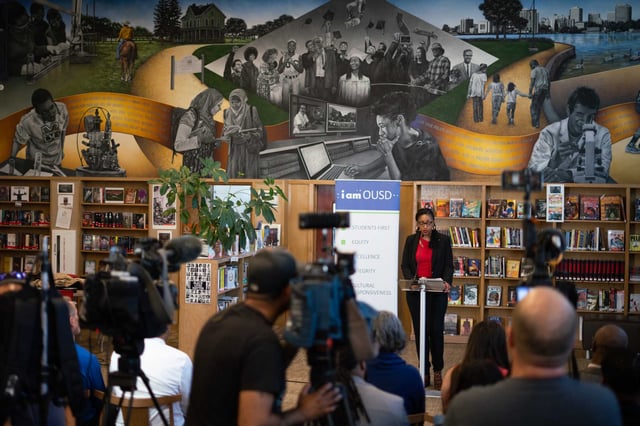 Oakland Unified School District Superintendent Dr. Kyla Johnson-Trammell addresses the media while announcing the end of the OUSD strike in May 2023 at McClymonds High School. Almost exactly two years later, the teachers union on Wednesday called for a vote for a one-day strike on May 1.