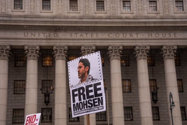 Pro-Palestinian activists rally for Mohsen Mahdawi and protest against deportations outside of ICE Headquarters on April 15, 2025 in New York City.