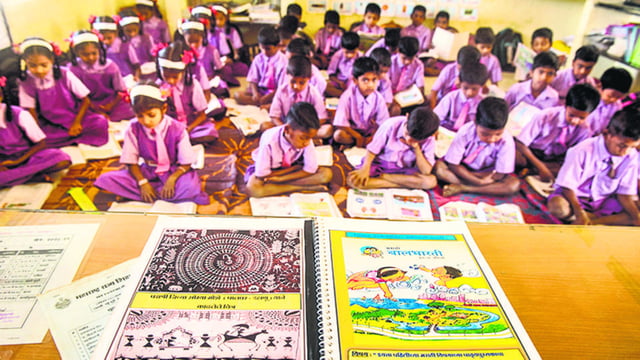 Mumbai, India - February 7, 2019: Translated textbooks in Warli for students at Zilla Parishad school,Khoricha Pada at Saphale near Mumbai, India, on Thursday, February 7, 2019. (Photo by Pramod Thakur/Hindustan Times) (Pramod Thakur/HT Photo)