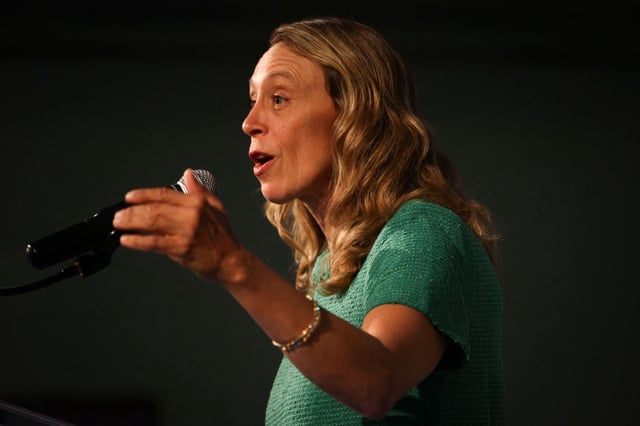 Supervisor Terra Lawson-Remer speaks during the State of the County address at the Museum of Natural History on Wednesday, April 16, 2025 in San Diego, CA. (Meg McLaughlin / The San Diego Union-Tribune)