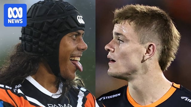 Composite image of Wests Tigers players Jarome Luai, with his tongue out, and Lachlan Galvin.