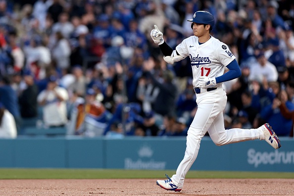 LOS ANGELES, CALIFORNIA – APRIL 16: Shohei Ohtani #17 of the Los Angeles Dodgers celebrates after hitting a home run during the first inning against the Colorado Rockies at Dodger Stadium on April 16, 2025 in Los Angeles, California. (Photo by Katelyn Mulcahy/Getty Images)