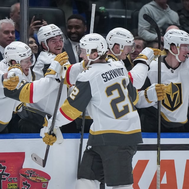 Vegas Golden Knights' Cole Schwindt (22) celebrates his goal against the Vancouver Canucks during the third period of an NHL hockey game in Vancouver, on Wednesday, April 16, 2025. THE CANADIAN PRESS/Darryl Dyck