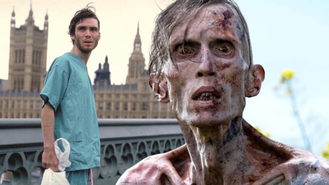 Cillian Murphy in 28 Days Later and zombie in 28 Years Later