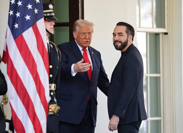 President Donald Trump welcomes President Nayib Bukele of El Salvador to the White House on April 14, 2025.