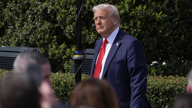 File. President Donald Trump departs after an event on the South Lawn of the White House, Monday, April 14, 2025, in Washington.