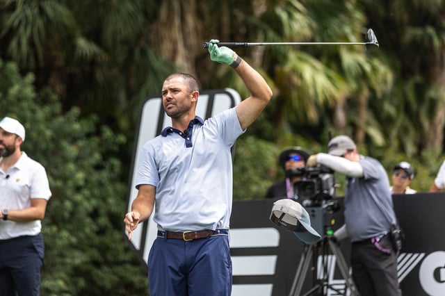 DORAL, FLORIDA - APRIL 03: Wesley Bryan hits his shot during the Duels at the twelfth hole during previews for LIV Golf Miami at Trump National Doral Miami on April 03, 2025 in Doral, Florida. (Photo by Lauren Sopourn/Getty Images