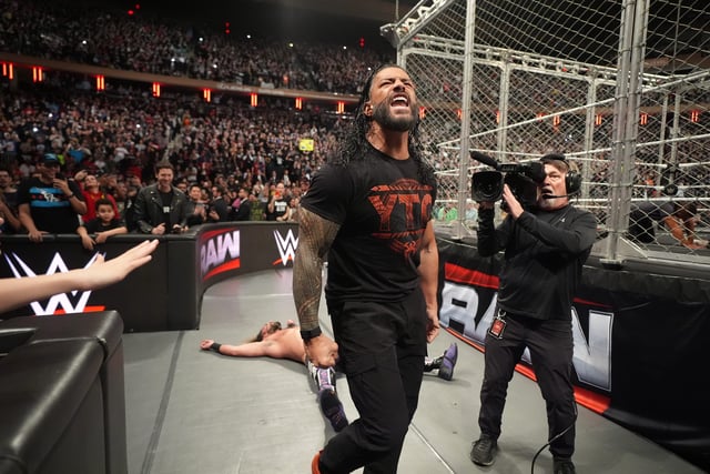 Roman Reigns after he interfered in the match between CM Punk and Seth Rollins at Madison Square Garden on March 10, 2025 in New York City. (Photo by WWE)