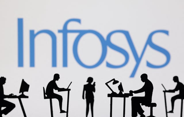 Figurines with computers and smartphones are seen in front of Infosys logo in this illustration taken, February 19, 2024. REUTERS/Dado Ruvic/Illustration