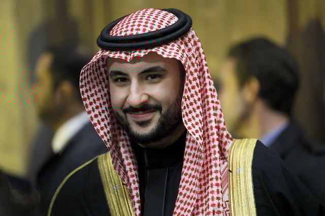Saudi Arabia's Defence Minister Prince Khalid bin Salman al-Saud reacts as he attends a meeting with French Defence Minister at the Hotel des Invalides in Paris on December 19, 2023. (Photo by Geoffroy VAN DER HASSELT / AFP) (Photo by GEOFFROY VAN DER HASSELT/AFP via Getty Images)