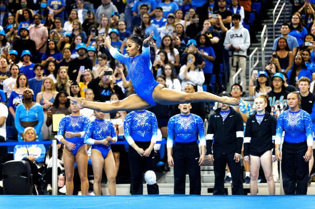 UCLA Jordan Chiles competes during the floor exercise during a meet against Stanford at Pauley Pavilion on March 9, 2025 in Westwood, Calif. 