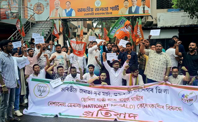 The youth wing of the BJP held a protest in Guwahati's Hengerabari demanding the arrest of Congress leaders Rahul Gandhi and Sonia Gandhi in connection with the National Herald case.