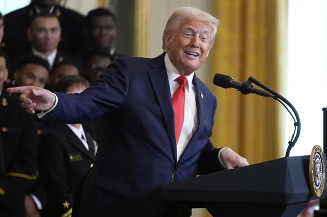 President Donald Trump speaks during the Commander-in-Chief trophy presentation to the Navy Midshipman football team in the East Room of the White House, Tuesday, April 15, 2025, in Washington. (AP Photo/Manuel Balce Ceneta)