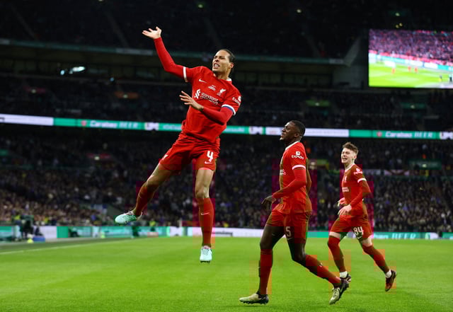 Soccer Football - Carabao Cup - Final - Chelsea v Liverpool - Wembley Stadium, London, Britain - February 25, 2024 Liverpool's Virgil van Dijk celebrates scoring their first goal Action Images via Reuters/Matthew Childs/ File Photo