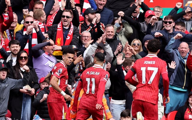 Soccer Football - Premier League - Liverpool v West Ham United - Anfield, Liverpool, Britain - April 13, 2025 Liverpool's Luis Diaz celebrates scoring their first goal with Mohamed Salah REUTERS/David Klein/ File Photo